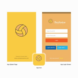 公司篮球飞溅屏幕和登录页面设计与标志模板。 移动在线业务模板