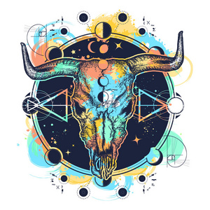野牛头骨纹身水彩飞溅风格. 美洲土著人公牛头骨象征秘密知识萨满教.