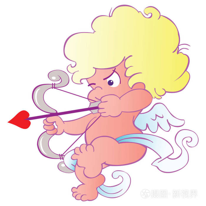 可爱的卡通小丘比特弓箭瞄准心脏