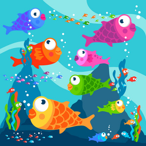 可爱的彩色鱼在水下游泳的矢量插图.照片