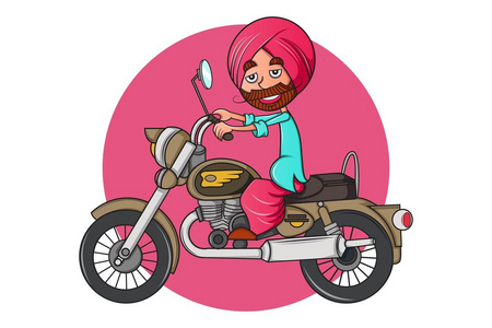 自行车上旁遮普人的矢量卡通插图。孤立在白色背景上。