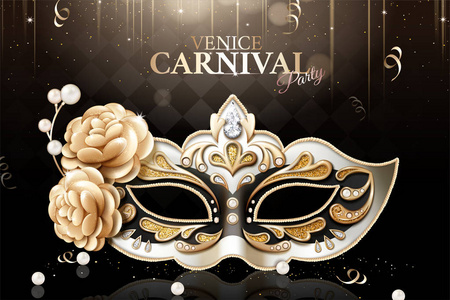 奢华的威尼斯嘉年华派对面具，在3d插图的黑色背景上点缀着鲜花和闪闪发光的装饰