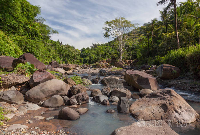 热带小溪中的大石头有绿色植物和棕榈树