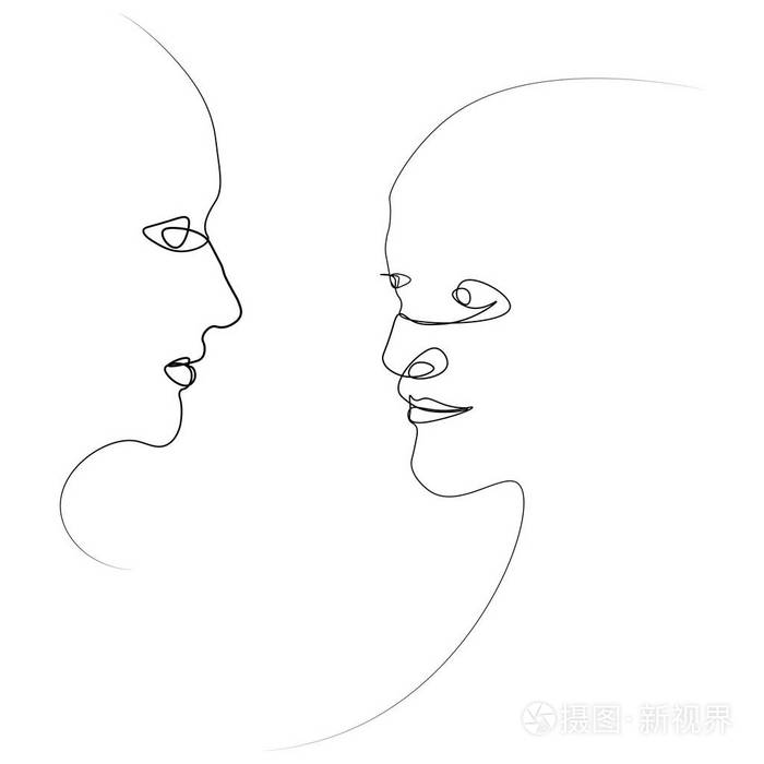 用一条线画的两个人的轮廓简单的插图孤立在白色背景上
