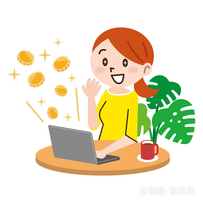 拥有笔记本电脑和金钱的年轻女性在网上做生意