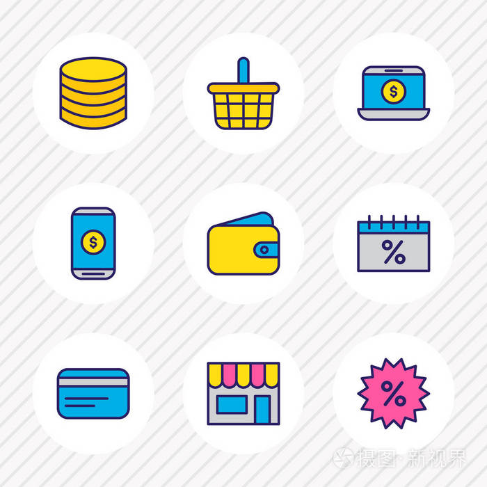 图为9个批发图标彩色线可编辑的信用卡硬币电子商务和其他图标元素