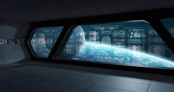 黑暗宇宙飞船内部空间与控制面板数字屏幕3D渲染