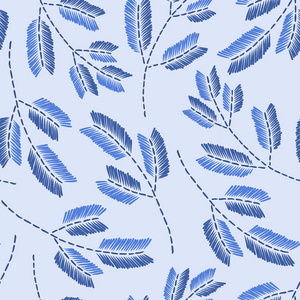 老式刺绣花卉织物纹理。 简单的无缝背景与叶枝。 刺绣针仿。