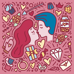 恋爱中的情侣接吻涂鸦手绘制瓦伦丁周二的概念。打印情人节, 保存日期或结婚卡