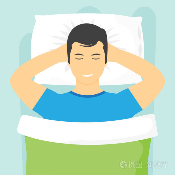 睡觉的人躺在枕头上,晚上做梦. 男人睡在床上. 矢量插图