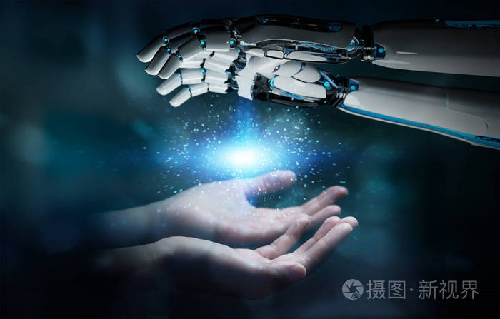 机器人手制作接触人手在黑暗背景三维渲染