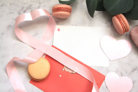 s day, pink rose, ribbon, heart, macaroons, eucalyptus, envelope