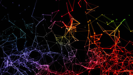 彩色数字计算机数据和网络连接三角线和球在未来技术概念的黑色背景，三维抽象插图