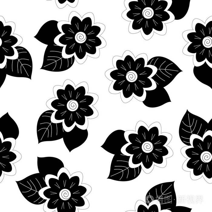 黑白手绘花卉重复无缝图案与白色背景.