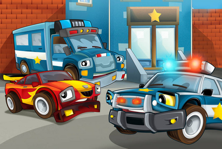 城市警察局配有警车和跑车的卡通场景