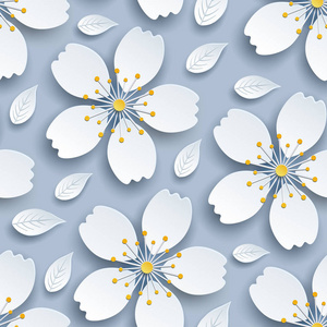 美丽的现代优雅的背景无缝图案与装饰白色3D樱花花日本樱花树开花和树叶剪纸。 花式时尚壁纸。 平面设计矢量