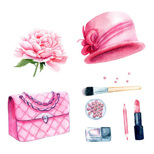 s things. Hat, handbag cosmetics peony set