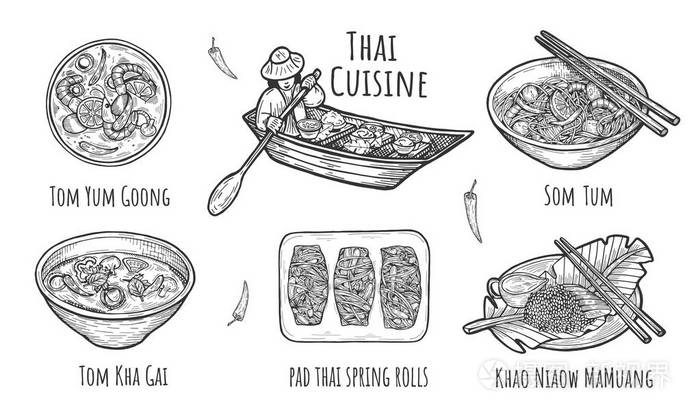 泰国传统美食的矢量插图泰国菜tomyumgoongsomtumtomkhagai汤khaniao