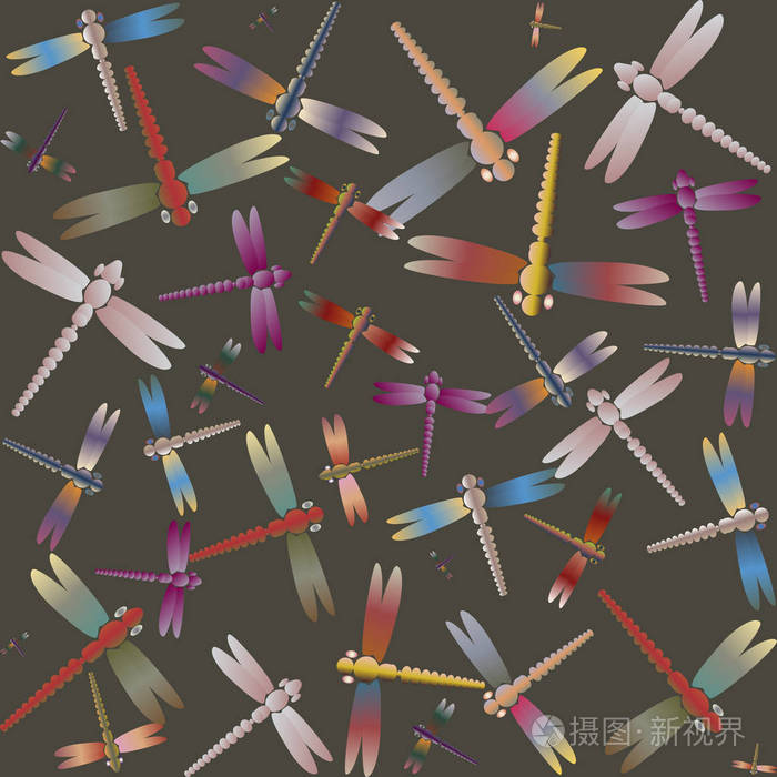 可爱的蜻蜓装饰彩色无缝图案