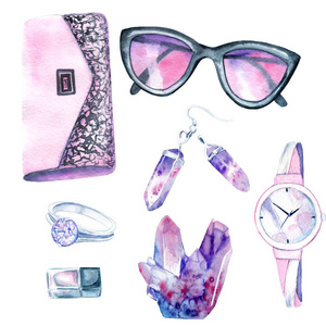 s things. glasses, handbag, cosmetics jewelry crystal set