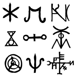 一组文字符号和字母,灵感来自魔法铭文和背景上孤立的符号.