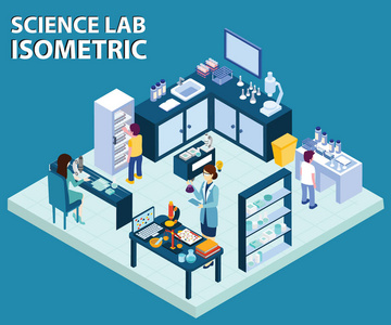 等距艺术品科学实验室的概念科学家正在试验化学物质并做他们的日常工作，一些人正在协助他们进行实验