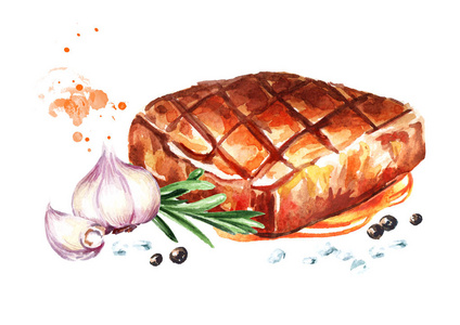 用香料烤牛肉牛排. 水彩画手绘插图分离白色背景照片