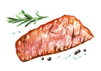 手绘素描牛肉带香料的烤牛肉牛排. 水彩画手绘插图分离白色背景照片