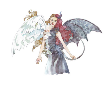 恶魔手天使与恶魔女孩水彩画手画照片