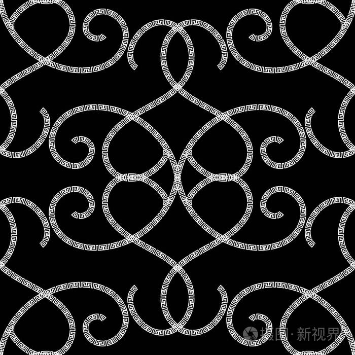 黑白观赏希腊矢量无缝图案. 旋流希腊钥匙弯曲器形状线条花.
