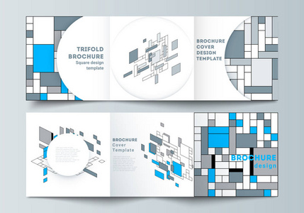 正方形格式的最小矢量可编辑布局包括三重小册子传单杂志的设计模板。抽象多边形背景, 五颜六色的马赛克图案, 复古的布豪斯德斯蒂
