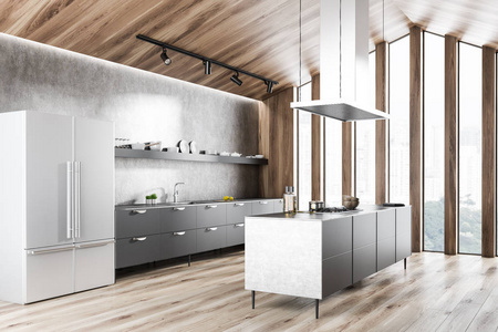 阁楼厨房的角落，木制和灰色墙壁，木制地板，灰色台面，水槽，白色和灰色岛和冰箱。 3D渲染