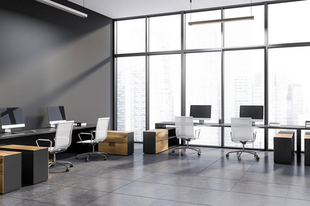 城市角落现代办公室的角落,灰色的墙壁,全景窗户,城市景观瓷砖地板