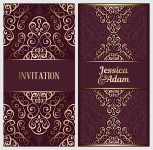 婚礼邀请卡与金色闪亮的东方和巴洛克丰富的叶子。 华丽的伊斯兰背景为您的设计。 伊斯兰阿拉伯印度迪拜