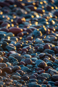 近距离观看海边的岩石海滩卵石