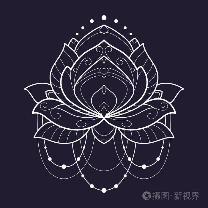 莲花白色几何矢量插图是孤立在蓝色背景上具有东方设计动机的对称装饰