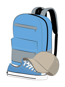 棒球帽，运动鞋，背包都是白色的。这种设计适合运动学校或旅行。设计元素，矢量插图，横幅，纸张，背景，包装，织物，纺织品。
