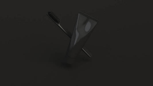 黑色背景上牙膏和牙刷的空白黑色管。 品牌医疗或医疗模型。 三维渲染图