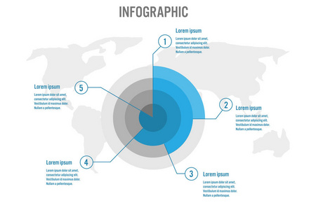 商业信息模板与5个选项，抽象元素，图表，部分或流程和业务平面图标矢量业务模板，以供演示。信息图表的创建概念