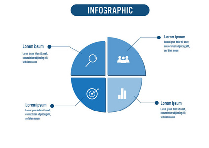具有4个选项的业务信息模板，抽象元素图表部件或流程以及用于演示的业务平面图标向量业务模板。信息图表的创建概念