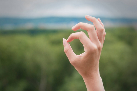 女孩手显示确定标志在绿色自然和天空背景照片