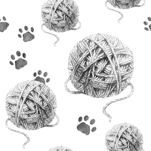 毛线球用毛线球和猫的铅笔画图案,猫主题白色背景的可爱拼贴素描照片