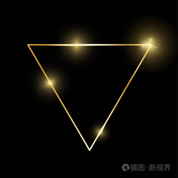 金色发亮的老式三角形框架,阴影孤立在黑色背景上. 黄金豪华现实边界.