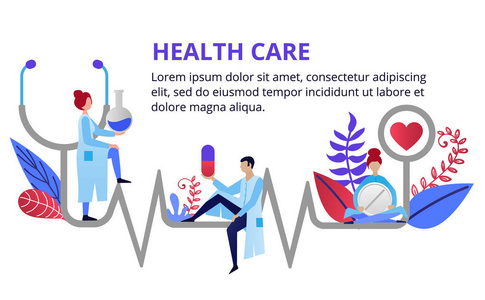 与医生一起进行保健听诊器心脏电图健康监测。 现代平面设计概念的网页横幅网站印刷材料。 创意矢量插图
