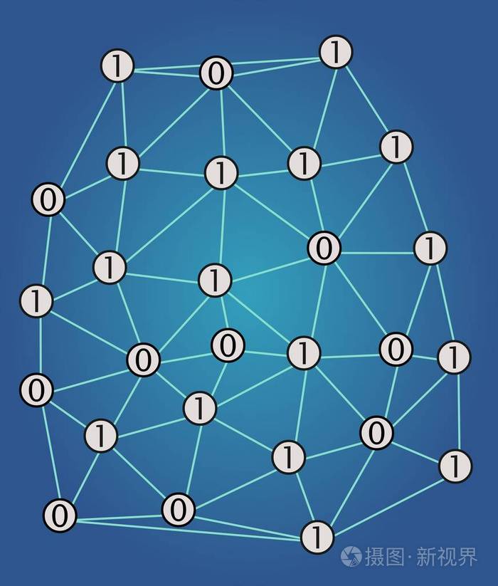 数字网络二进制码数1和0随机分布在深蓝色梯度背景下的网格上技术矢量