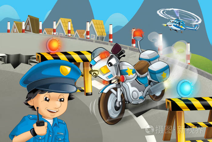 卡通场景与警察摩托车驾驶通过城市警察插图儿童
