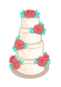 白色分层婚礼蛋糕，花玫瑰隔在白色背景上