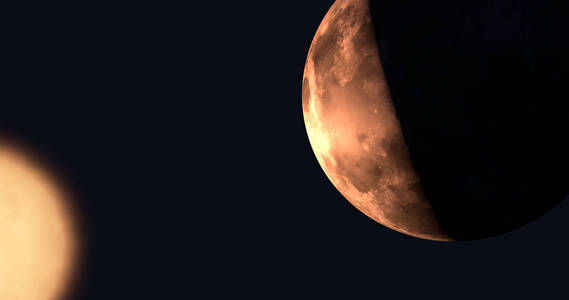 一种景象，它显示月亮的一个黑暗部分，其余的被太阳照亮。