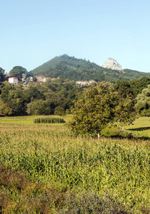 在阳光明媚的一天，西班牙北部的阿斯图里亚斯省的欧洲山峰上的山脉。