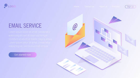 网页设计模板。 电子邮件服务等距矢量插图。 网站登陆头的Web邮件或移动服务布局。 平面等距矢量插图。 每股收益10。